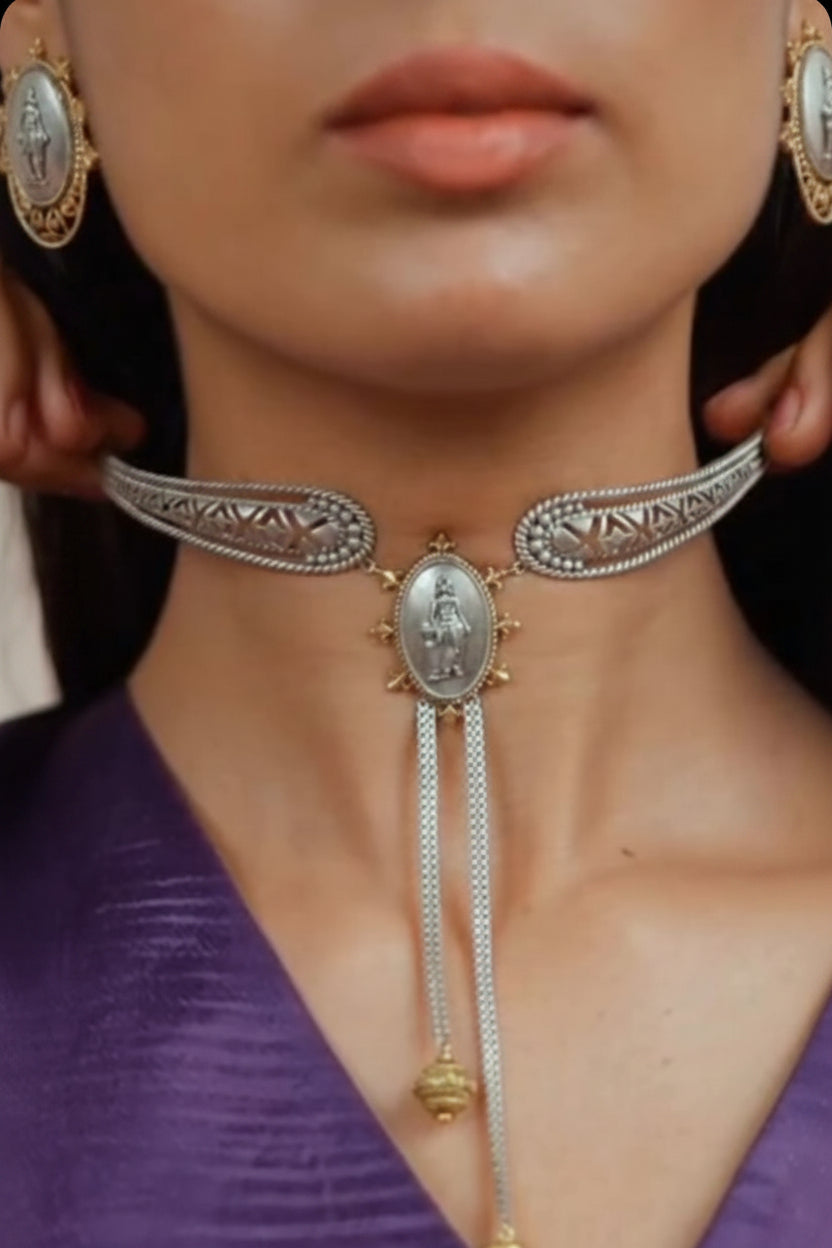 Devyani Noor Dual Tone SLA Choker Set with Earrings and Ring Online