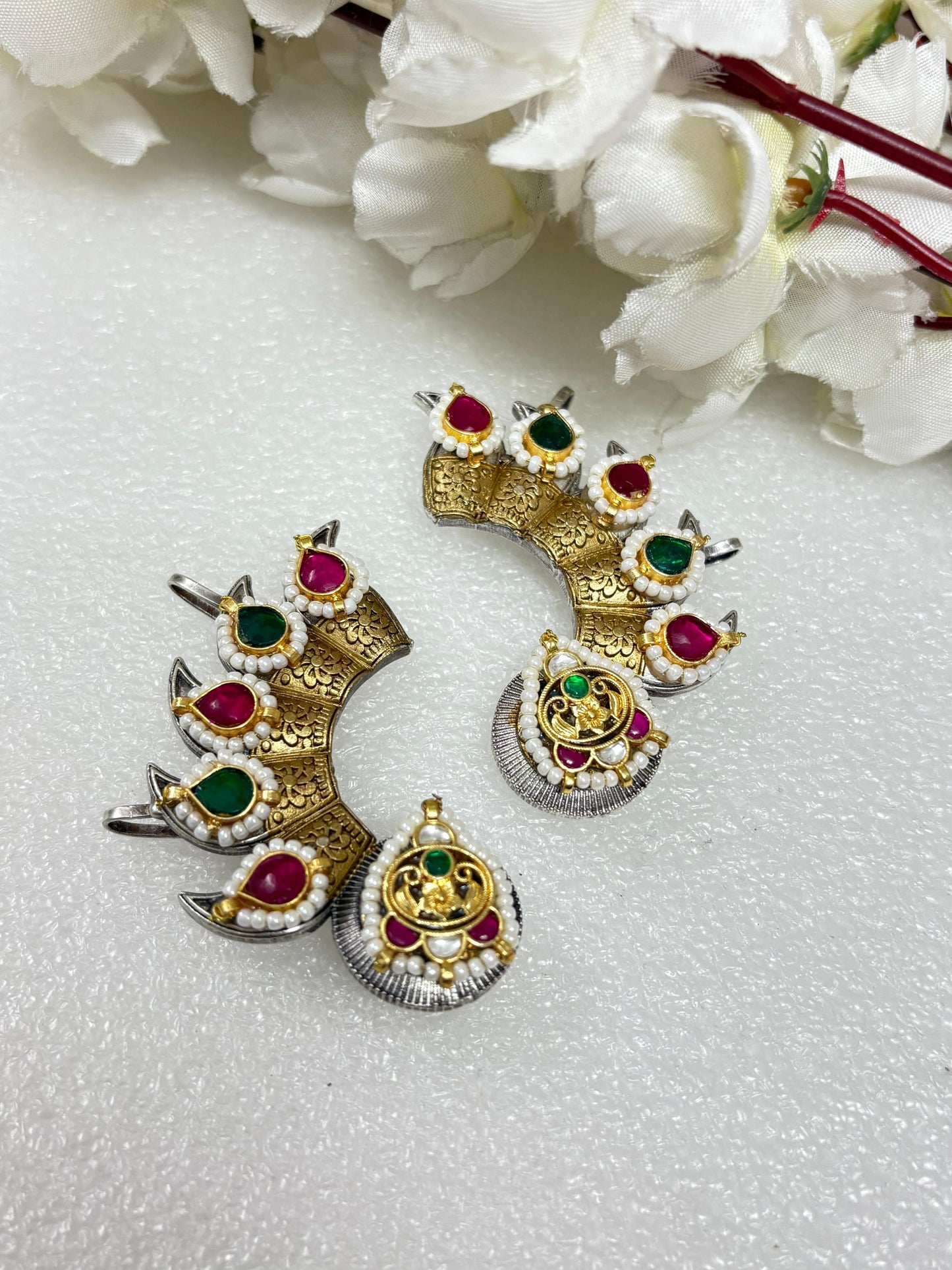 Kundan Fusion Silver Look A Like Dualtone Earcuffs Design 3 by Alankrent