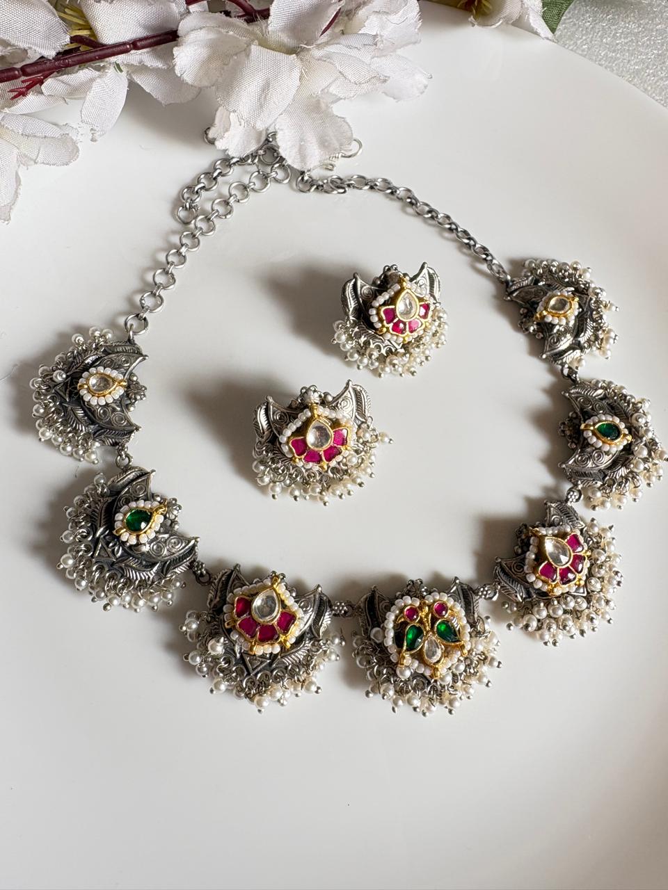 Premium SLA Kundan Necklace Set with Earrings | Silver Look Alike Finish Bridal Jewellery Ready Stock | Alankrent | AK-20260111-PC11 by Alankrent