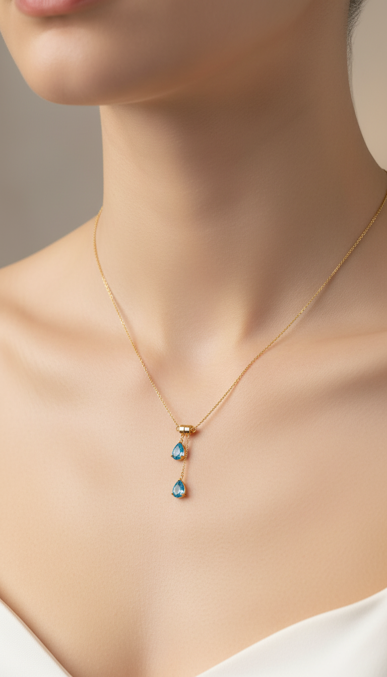 Azure Raindrop Cascade Gold Necklace | Elegant Blue Stone Drop Pendant for Daily & Party Wear