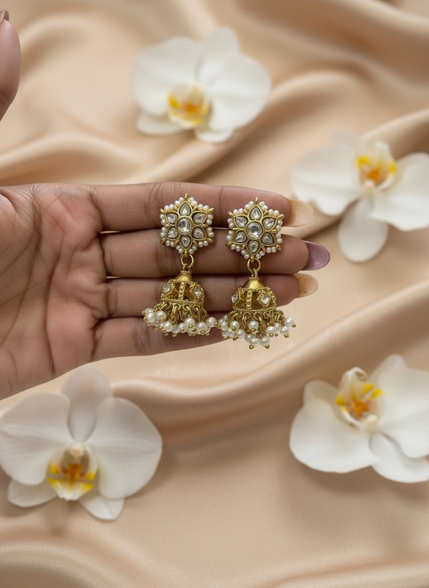 Classic Polki Floral Jhumka Earrings | Handcrafted Kundan Jhumki with Pearl Clusters for Weddings & Timeless Indian Elegance