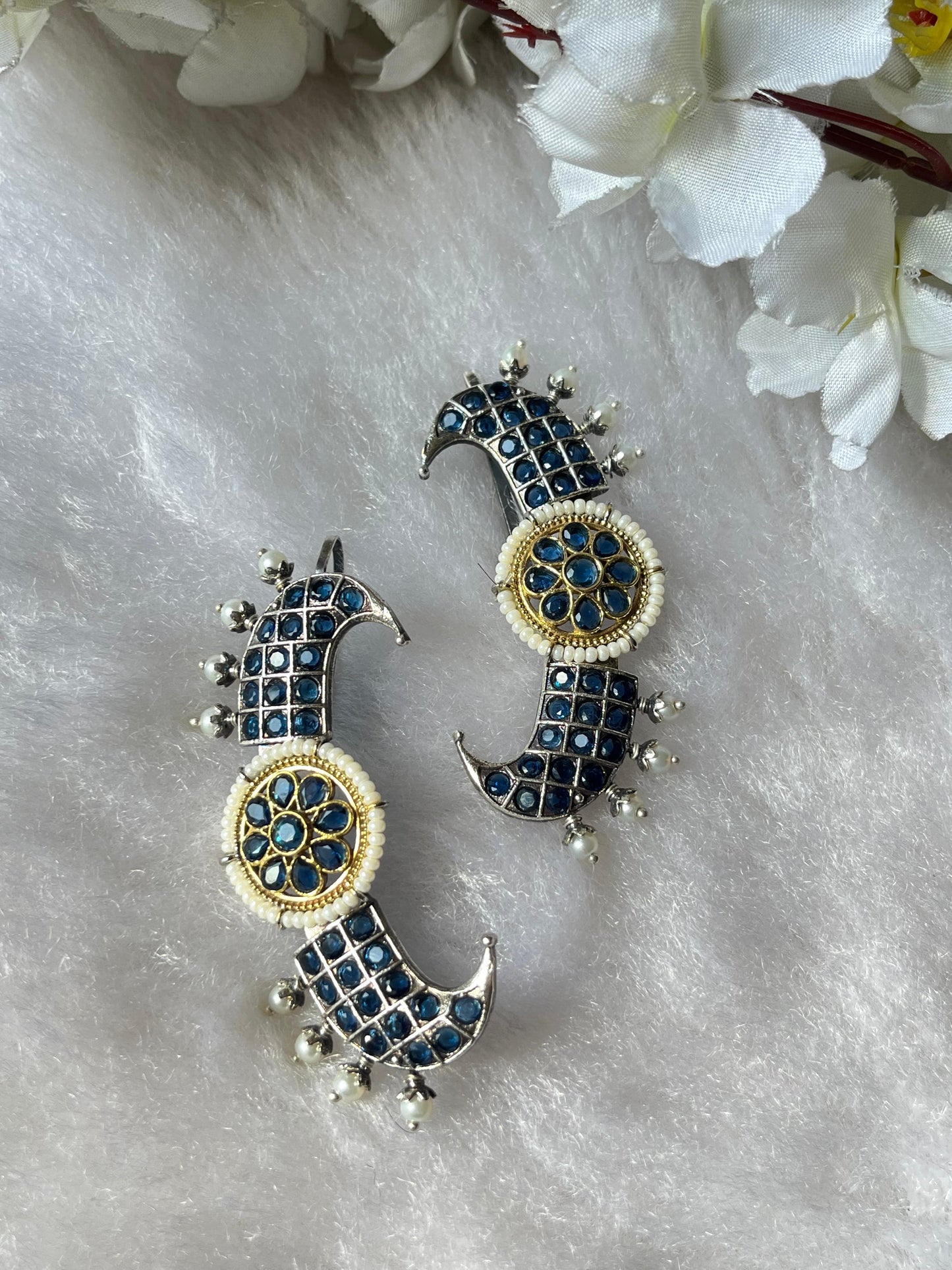 Handcrafted Stone Studded Crescent Earrings Multi Color Meenakari Design With Pearl Detailing For Festive Wedding Luxury by Alankrent