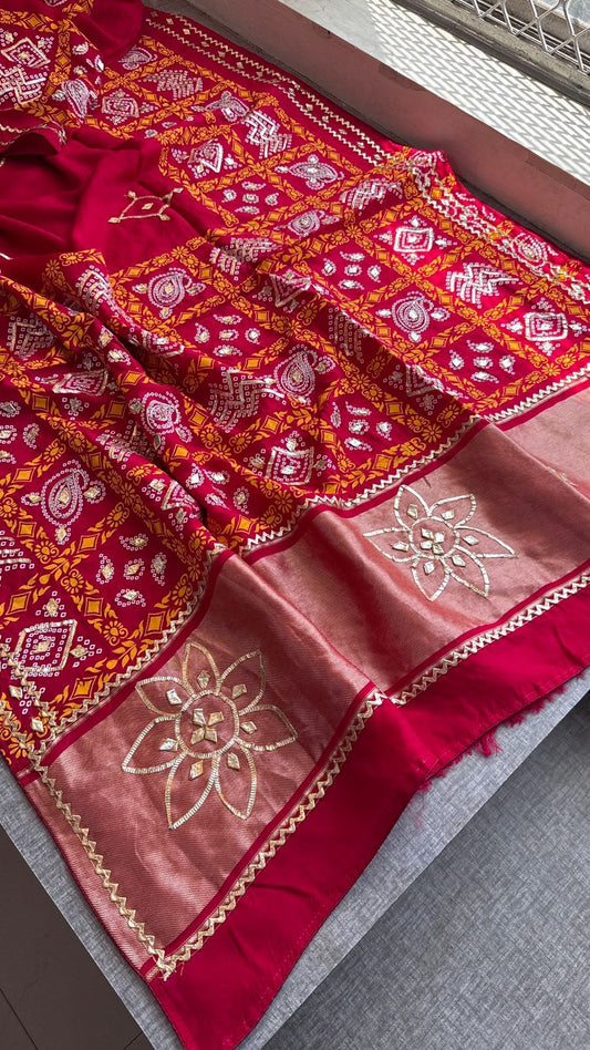 Rangmala Riwaayat Red Munga Silk Lakdi Patta Saree with Sikhiya Gota Work & Banarasi Blouse