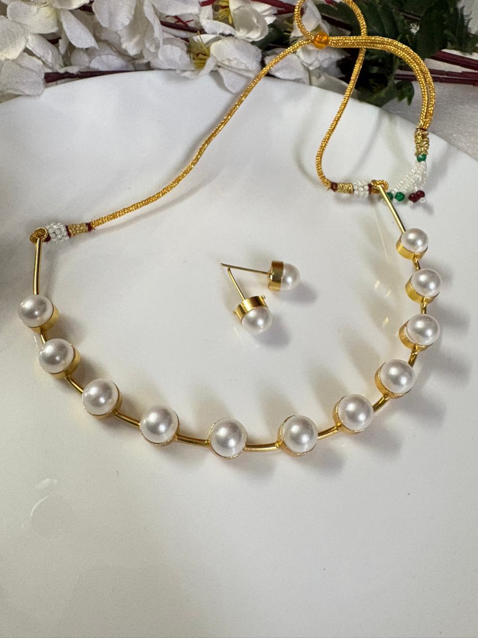 Semi-Precious Pearl Minimal Necklace Set | Handcrafted Gold-Finish Modern Pearl Choker with Matching Studs