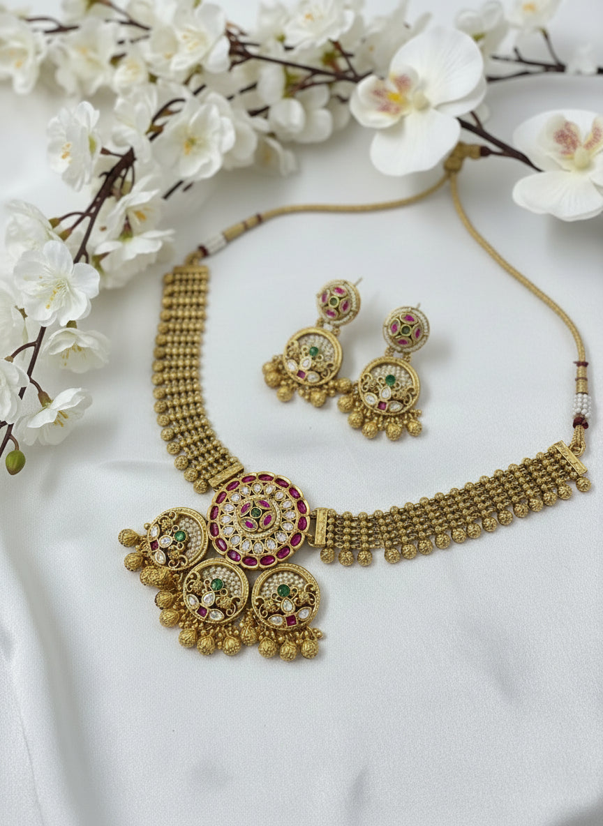 Grand Temple Kundan Bridal Necklace Set | Handcrafted Antique Gold Haram with Mini Pearl Work & Statement Earrings
