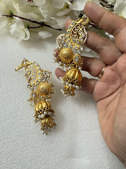 Mayura Ratnavalli Heritage Ear Cuffs
|Temple Gold Long Designer Jhumka Ear Cuffs with Intricate Filigree & Pearl Drops