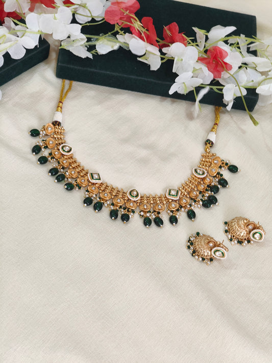 Mehera Gold Lookalike Jadtar Kundan Necklace Set with Green Bead Drops & Jhumka Earrings | Traditional Bridal Jewellery