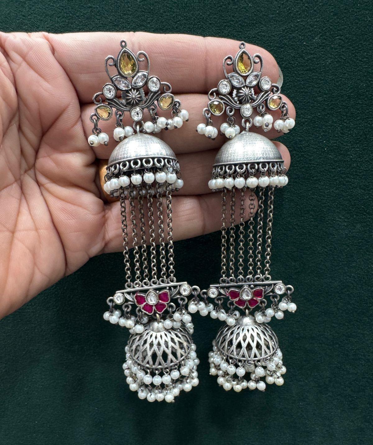 Minara Oxidized Silver Jhumka with Stone & Pearl Drops