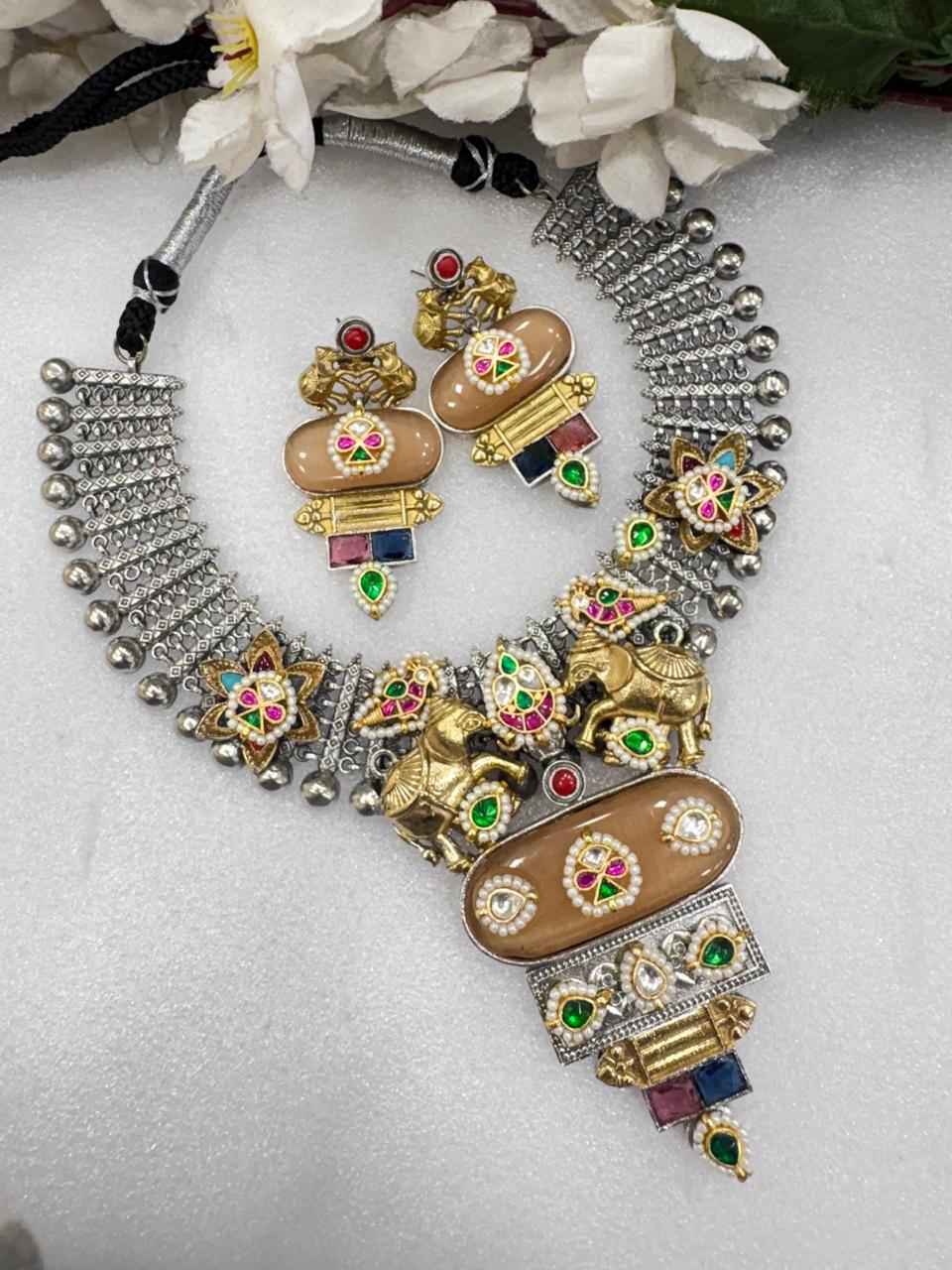 Gajavallabha Dual Tone Kundan Fusion Necklace Set with Earrings | Premium SLA Heritage Jewellery