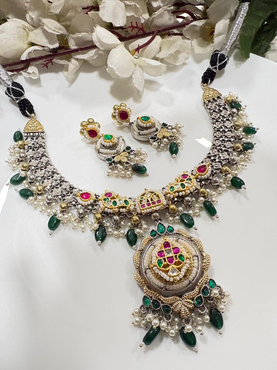 Vanashree Navrang Dual Tone SLA Kundan Necklace Set with Green Drop Beads & Earrings | Premium Ethnic Jewellery Ready Stock | Alankrent | AK-NV-GD11 by Alankrent