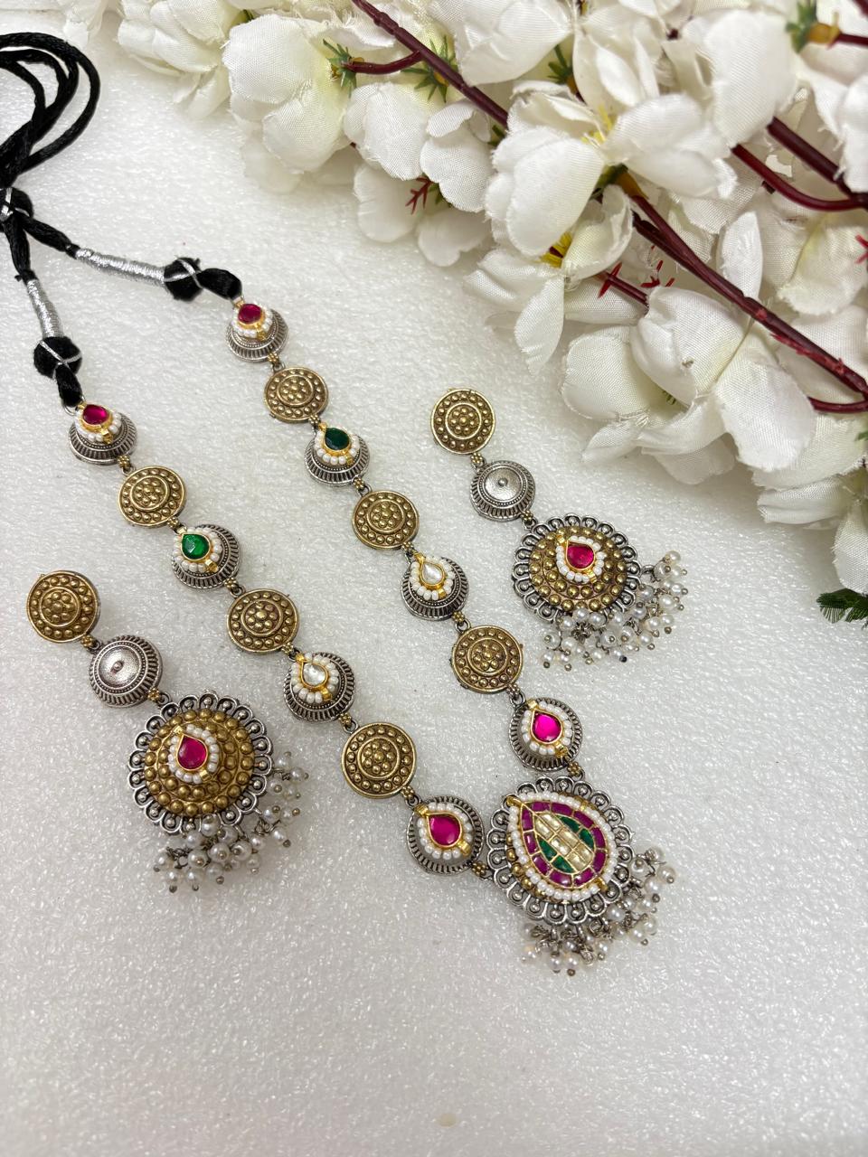 Sutradhara Navrang Coin Dual Tone SLA Kundan Long Necklace Set with Pearl Fringe & Earrings | Premium Ethnic Jewellery Ready Stock | Alankrent | AK-COIN-LN03 by Alankrent