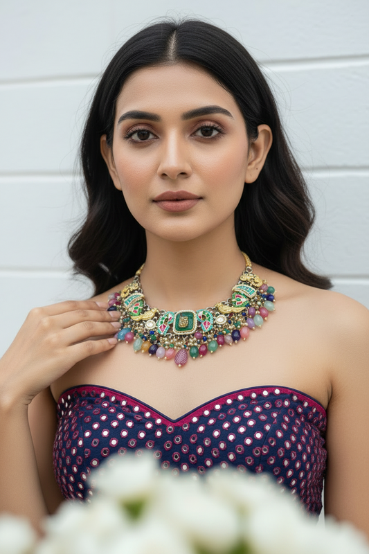 Neelmayur German Silver Peacock Choker Necklace – Premium Kundan Fusion Statement Choker with Multicolour Beads for Women