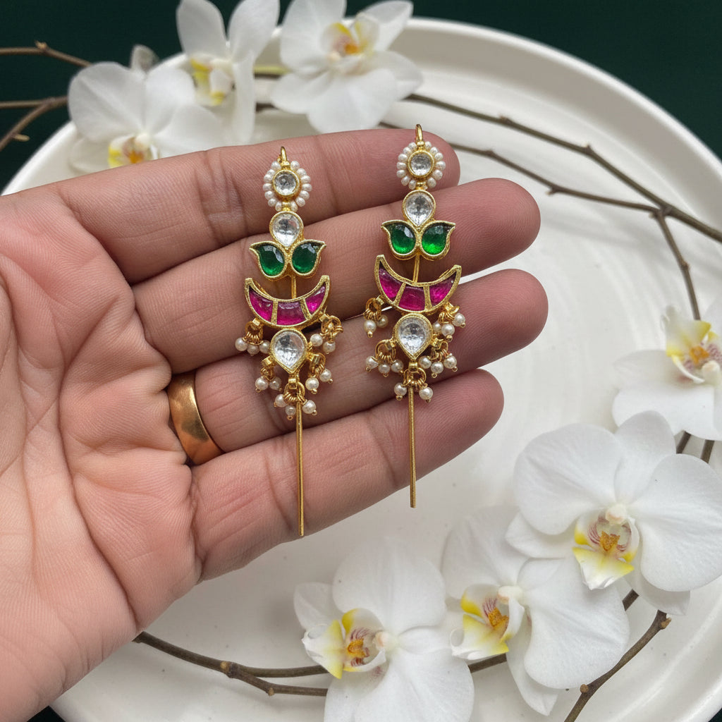 Kundan Needle Earcuffs with Fusion Stones Bestseller Statement Ear Jewellery Handcrafted Indian Kundan Jewellery | Premium Statement Necklace Set Online by Alankrent