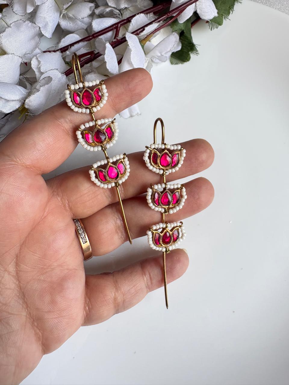 Padmika Jaipuri Kundan Needle Earrings | Handmade Lotus Kundan Pearl Ethnic Earrings for Women