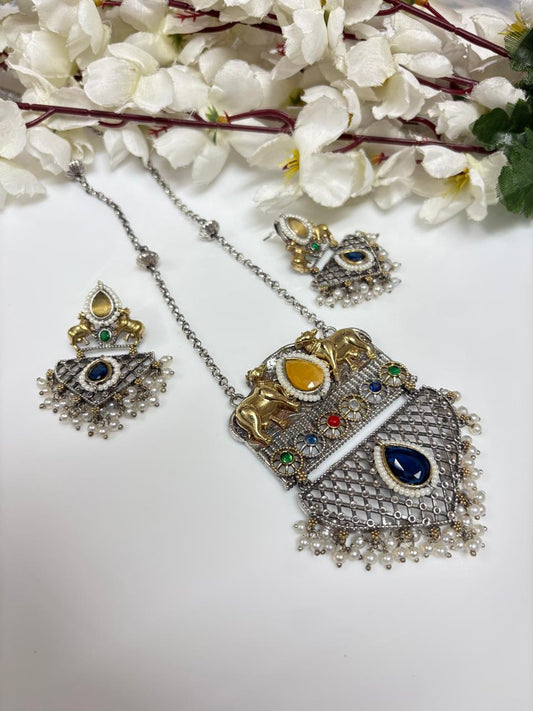 Heritage Dual-Tone Temple Necklace Set with Emerald & Ruby Accents | Alankrent