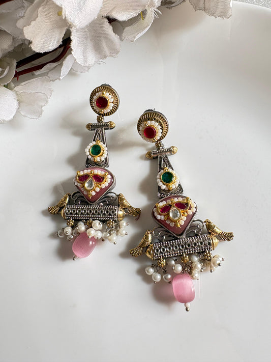 Gulnaar Pakshi Dualtone Kundan Earrings with Pearl Hangings & Pink Stone Drop | Festive Statement Jewellery | Alankrent