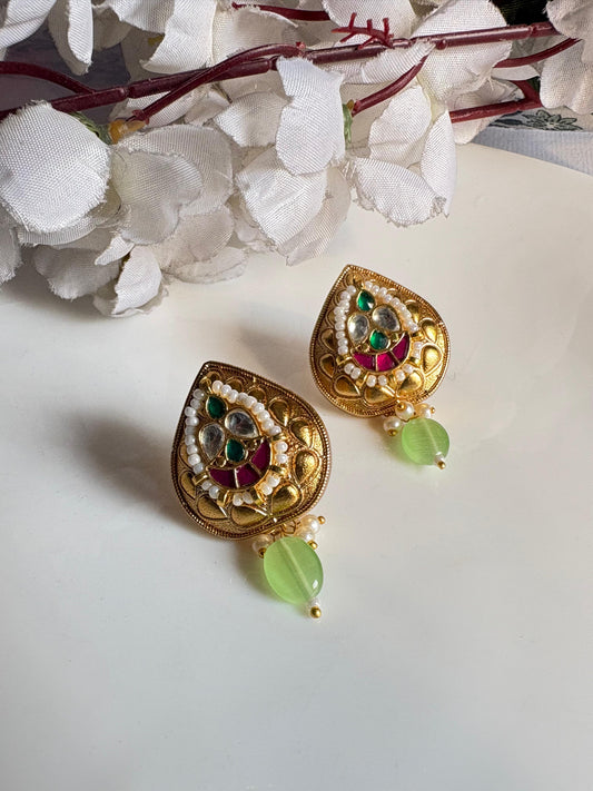 Pranvi Apala Gold Matt Polish Kundan Earrings with Pearl Detailing & Color Drop | Budget Friendly Ethnic Jewellery | Alankrent