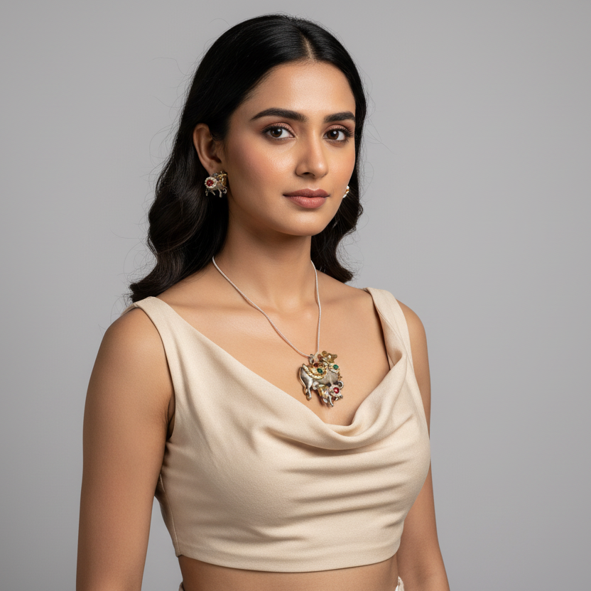 Kamla Gomayi – Minimal Cow Motif Kundan Pendant Necklace with Matching Stud Earrings | Alankrent