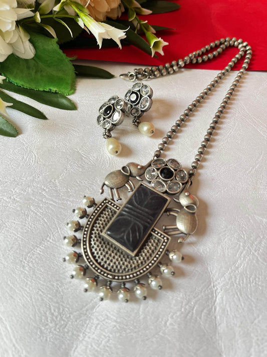 Silver Lookalike Necklace - Elephant Monalisa Stone with earrings - Alankrent Luxe