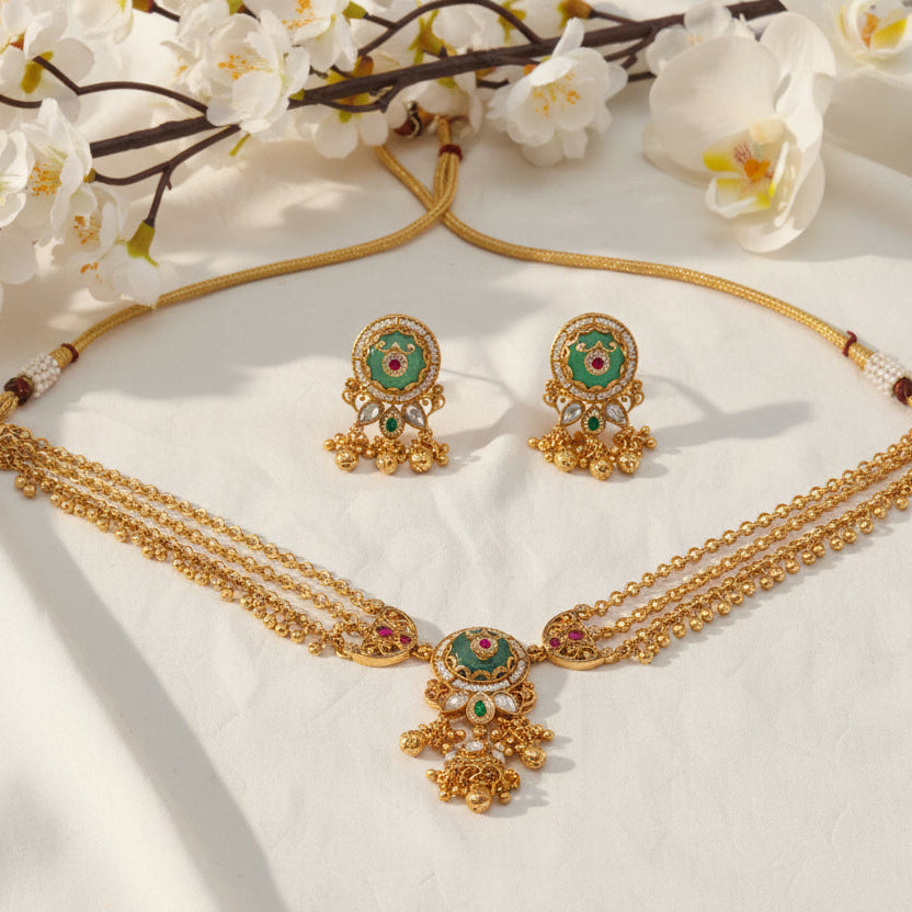 Royal Meenakari Jadtar Necklace Set with Green Pendant & Traditional Earrings | Heritage Indian Jewellery – Alankrent - Alankrent Luxe