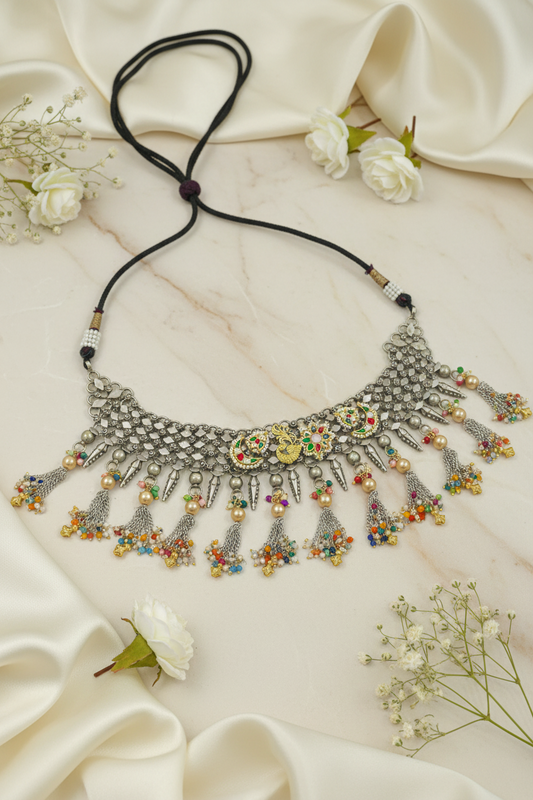 Mayurjaal German Silver Peacock Choker Necklace – Premium Kundan Fusion Statement Choker with Chain Tassels & Multicolour Beads