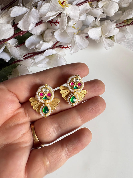 Kanika Apala Gold Matt Polish Kundan Earrings with Pearl Detailing & Emerald Drop | Budget Friendly Ethnic Jewellery | Alankrent