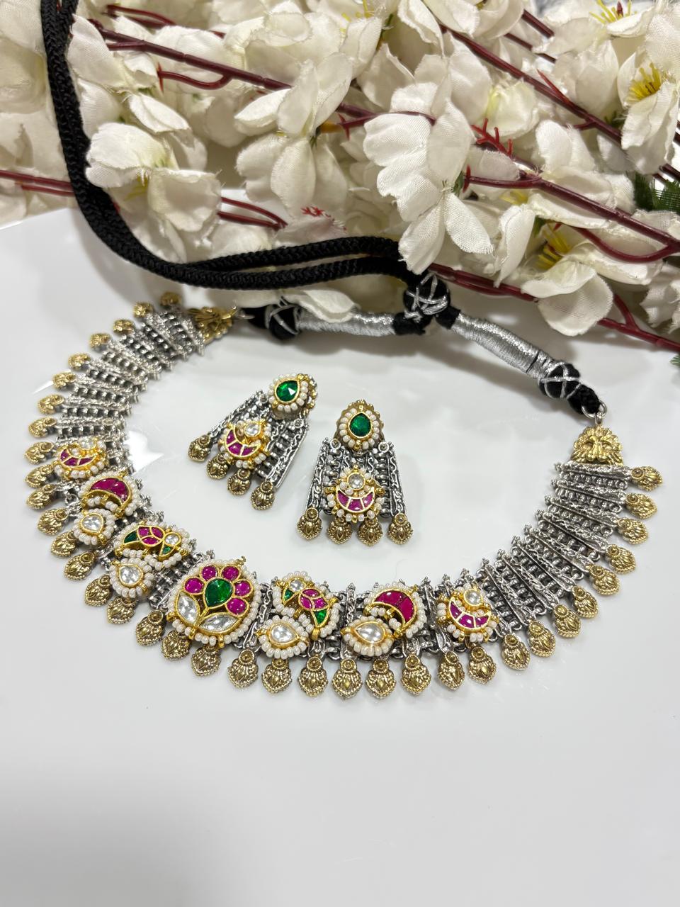 Vintage Dual-Tone SLA Kundan Statement Necklace Set with Earrings Handcrafted Festive Jewellery by Alankrent