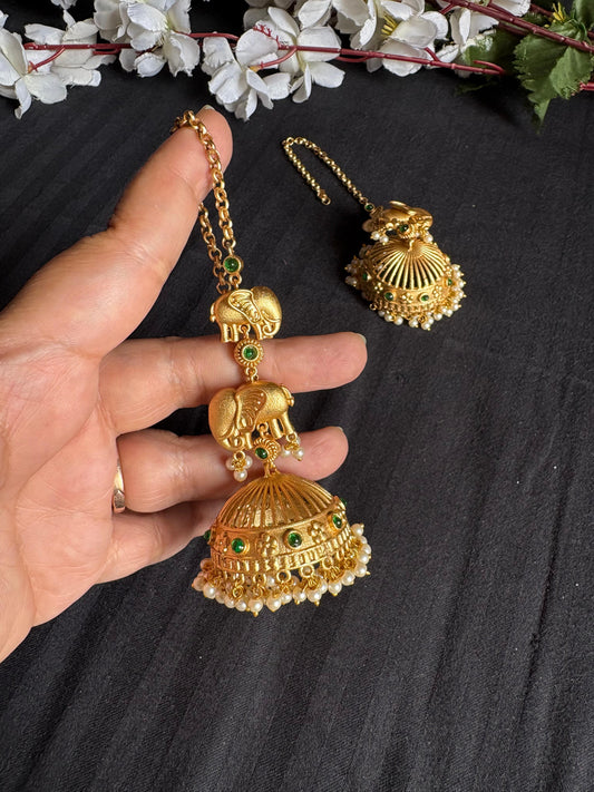 Gold Matt Kaan Chain Long Earrings with Jhumka – Temple Style Jewellery – Handcrafted Indian Kundan Jewellery | Premium Statement Necklace Set Online