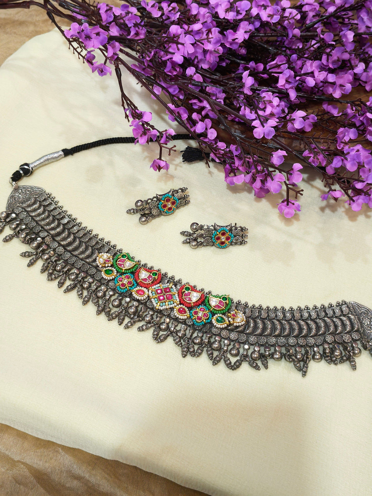 Rajwada German Silver Oxidised Statement Choker Necklace Set with Multicolour Stones and Earrings