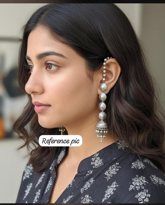 Silver Jhumki with Ear Chain – Elegant Long Earrings for Ethnic & Festive Wear