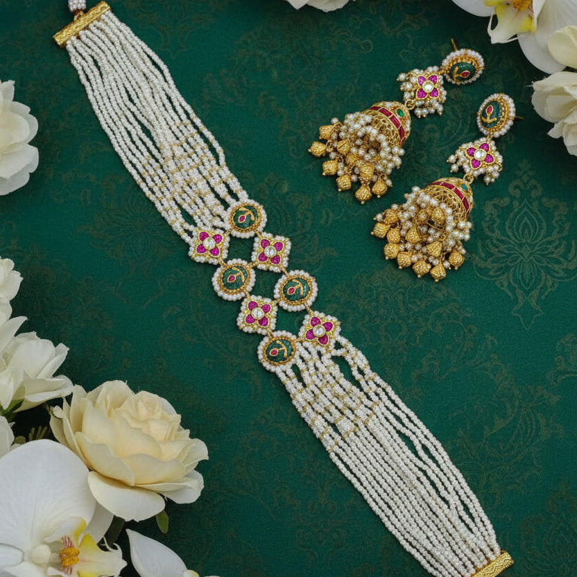 Devanshi Viraasat Moti Kundan Pearl Rani Haar Necklace Set Traditional Jhumka Jewellery | Premium Indian Jewellery