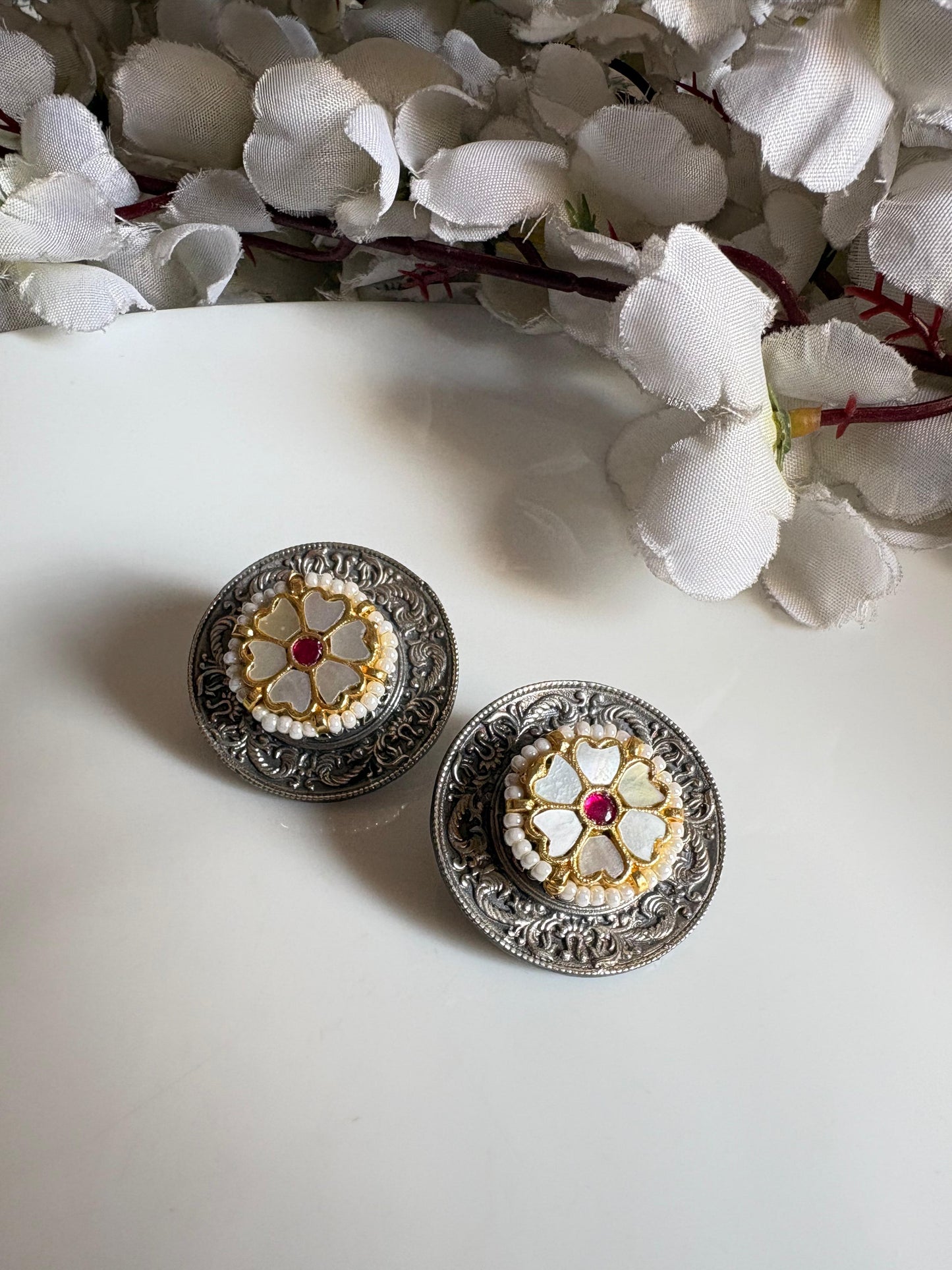 Dual-Tone Floral Kundan Stud Earrings with Pearl Detailing | Alankrent