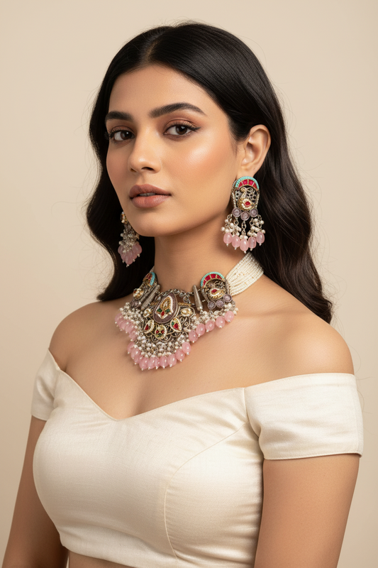Premium SLA Dual Tone Kundan Necklace Set with Pearls – Bridal Jewellery Collection – Handcrafted Indian Kundan Jewellery | Premium Statement Necklace Set Online