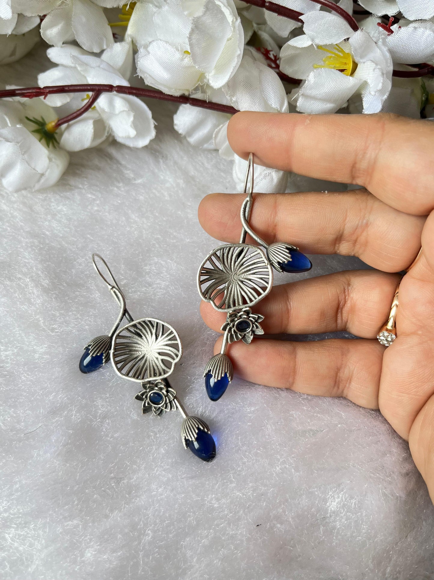 Lotus Bloom Silver Drop Earrings – Elegant Oxidised Floral Design with Stone Detailing