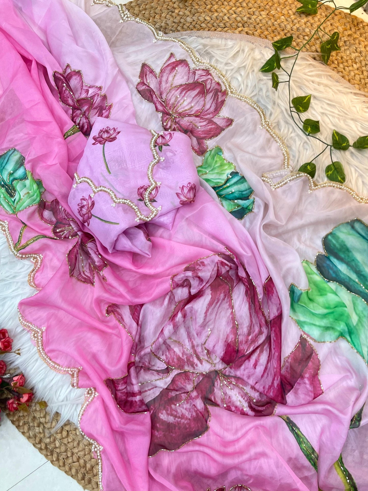 Luxury Silk Saree with Digital Floral Print & Cutdana Moti Border | Luxury Saree