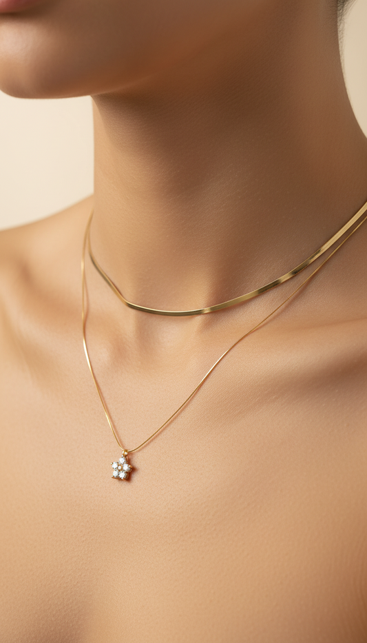 Florette Double Layer Necklace | Gold Choker with Floral Crystal Pendant