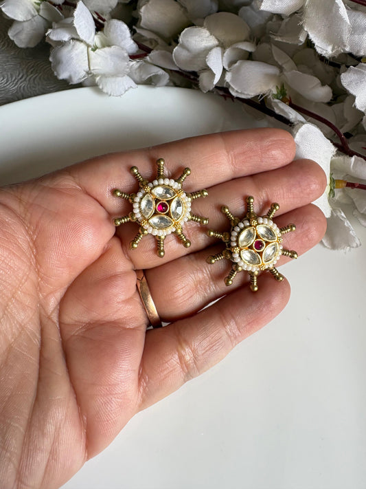 Antique Gold Kundan Fusion Button Earrings with Pearl Detailing | Alankrent