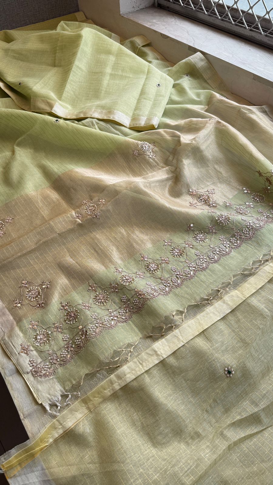 Premium Tissue Silk Banarasi Saree | Handcrafted Zardozi, Gota Patti & Pearl Work