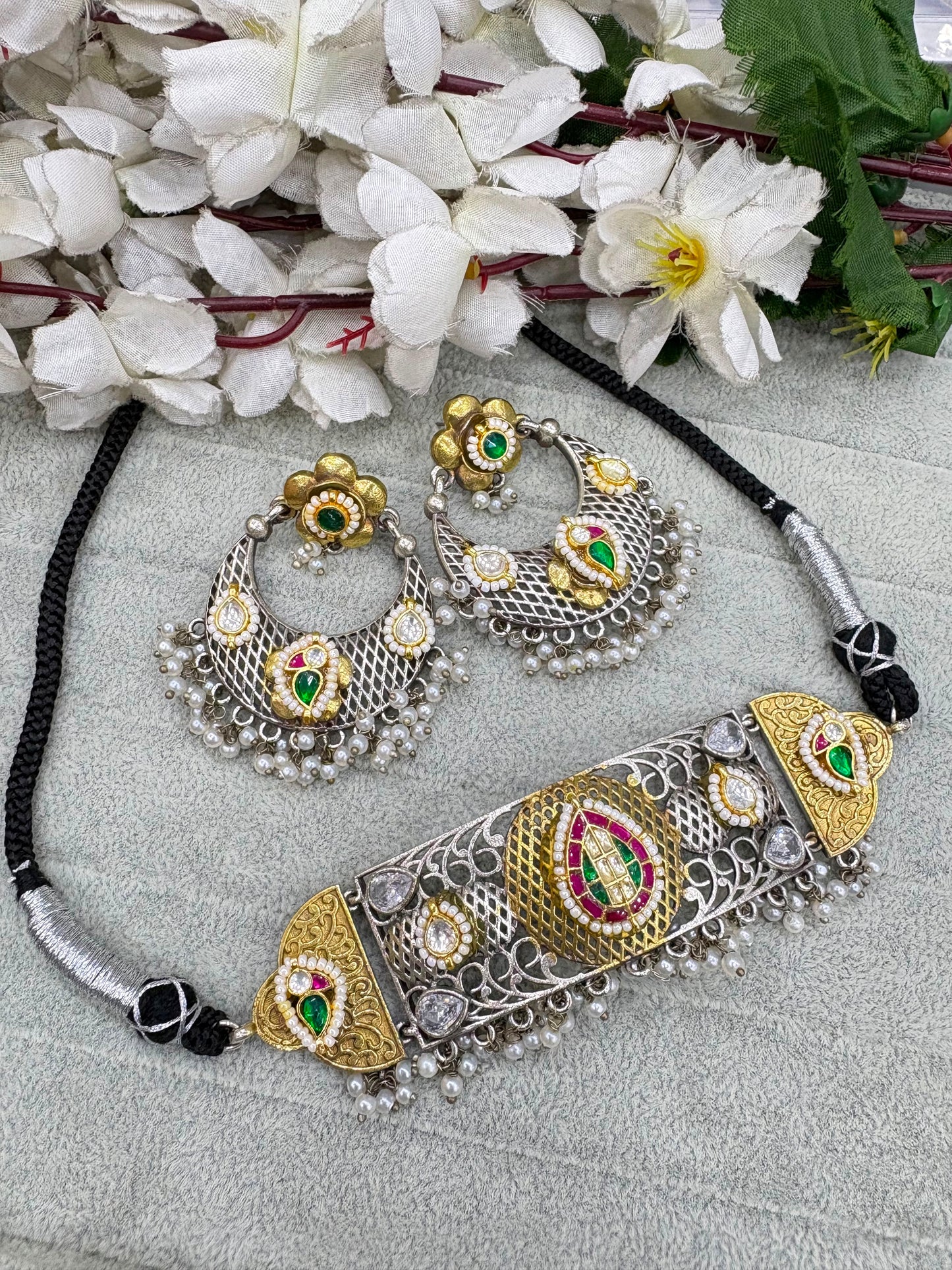 Vyanika Dualtone SLA Kundan Fusion Choker Necklace with Earrings | Navratri Jewellery