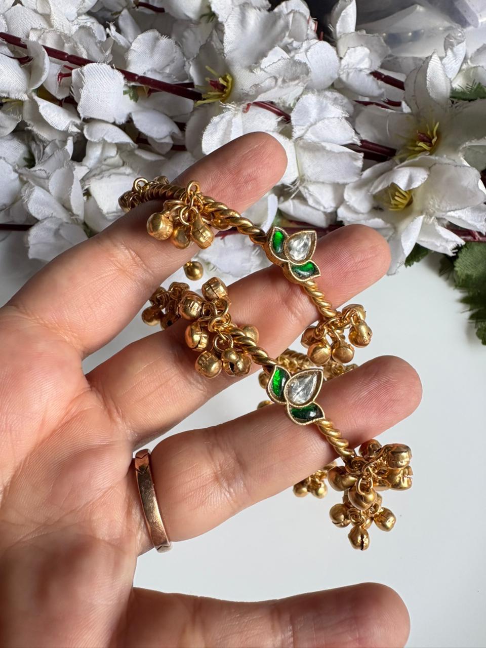 Kamalika Kundan Fusion Ghungroo Bangles | Golden Flexible Adjustable Bangles for Women