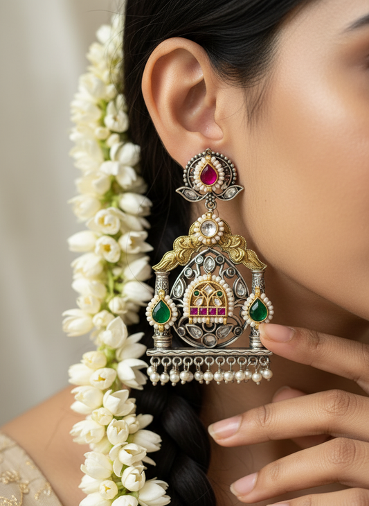 Alankrent Mandira Arch Kundan Danglers – Dual-Tone Temple Earrings with Pearls & Meenakari