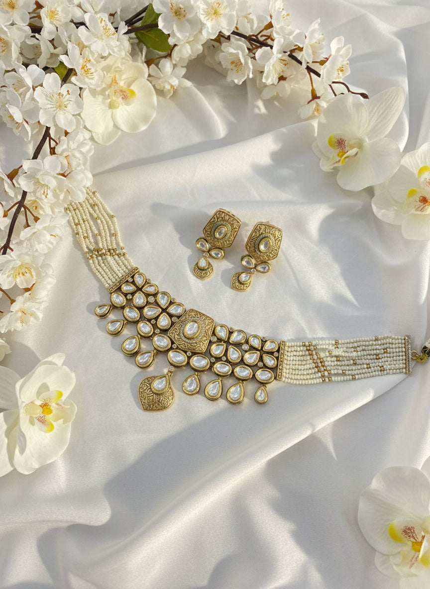 Rajkamal Polki Pearl Strand Choker Set – Premium Carved Gold Kundan Jewellery | Alankrent
