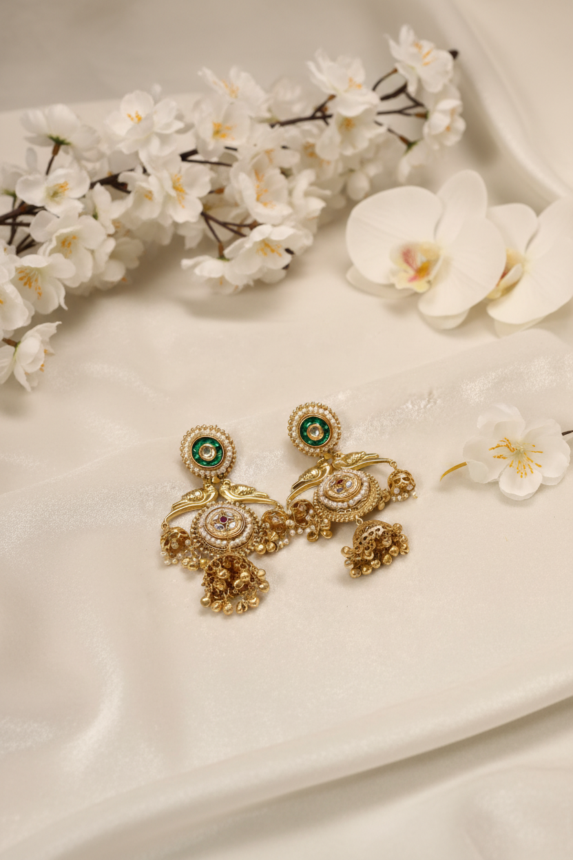 Svarnika Temple Medallion Earrings with Pearl Border & Ghungroo Danglers | Antique Gold Finish