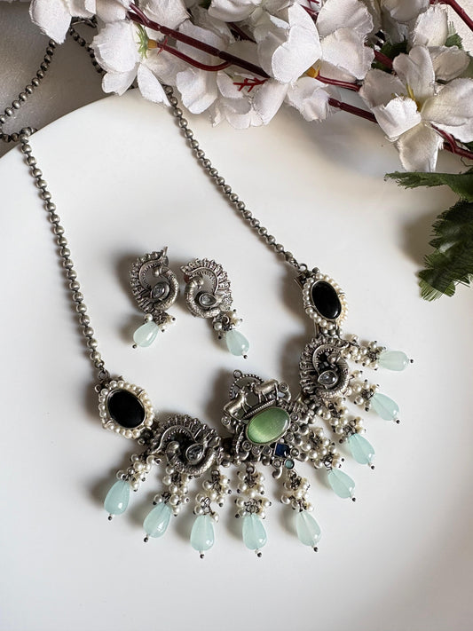 Oxidized Silver Look Long Half Hasli Necklace Set with Heritage Motifs, Crystals & Stone Drops