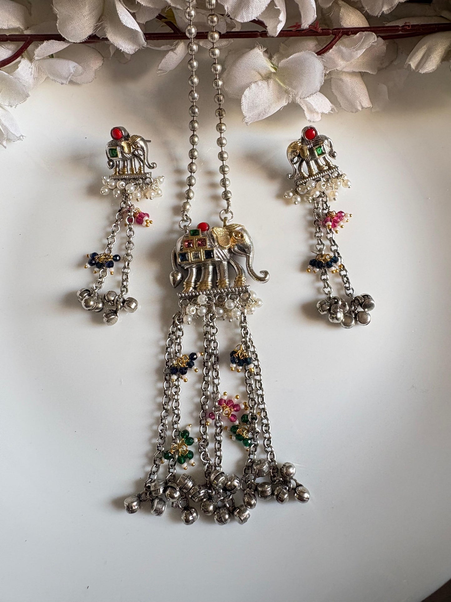 Royal Elephant Silver Necklace Set with Matching Earrings