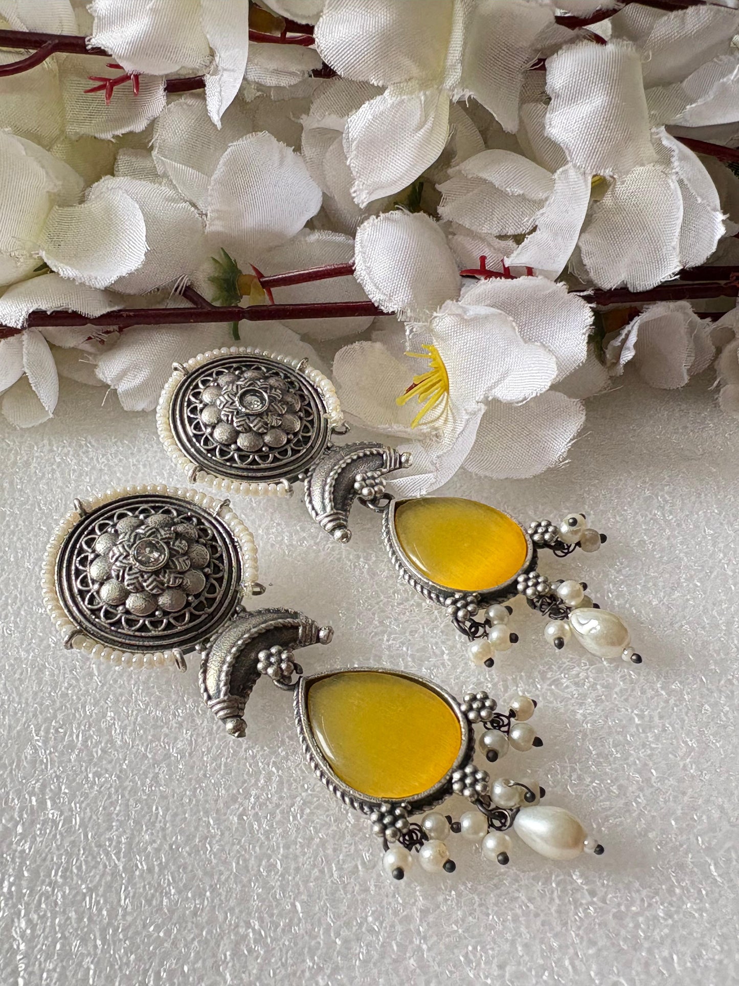 Sla Look Silver Statement Earrings With Pearl Drops Handcrafted Festive Wear by Alankrent