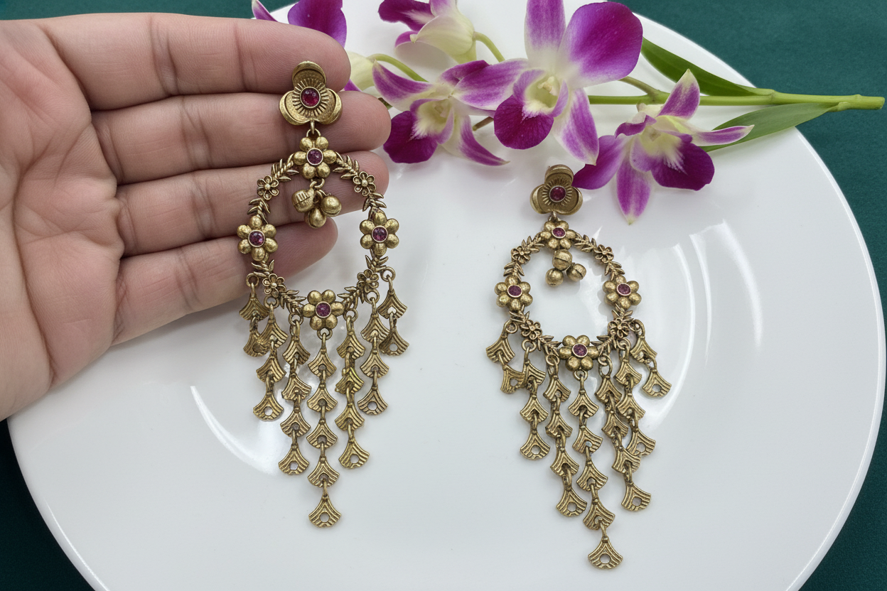 Antique Gold Finish Floral Chandbali Earrings With Multicolour Stone Drops Statement Ethnic Jewellery
