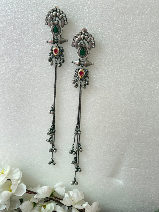 Tribal Long Chain Earrings with Coloured Stones | Festive Latkan Jewellery