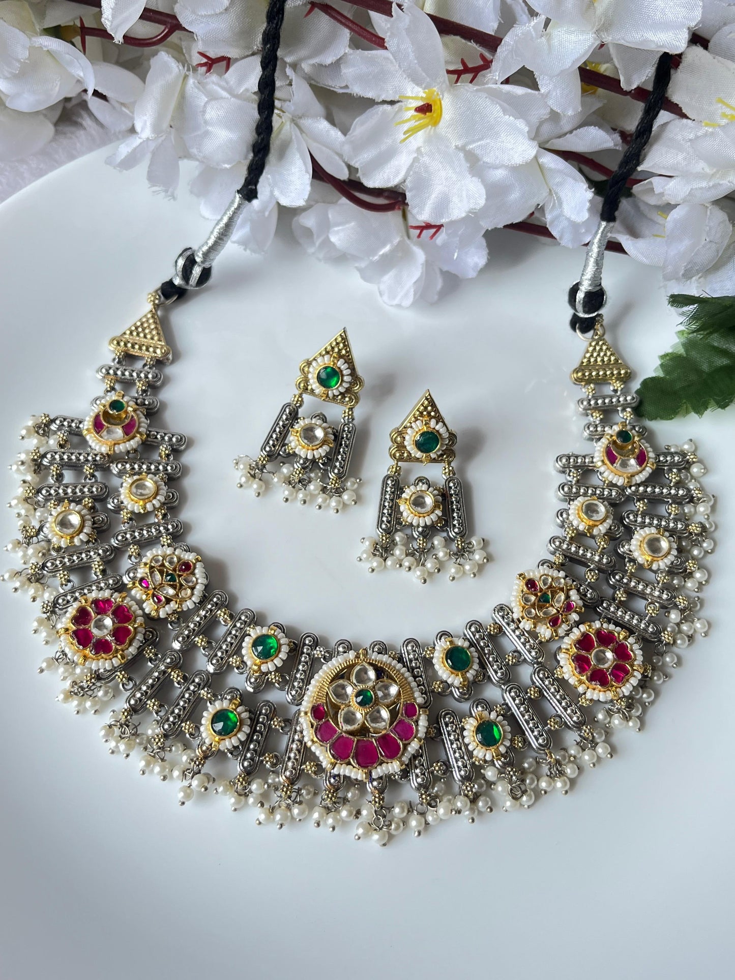 Silver Lookalike Dualtone Double Layered Necklace with Kundan Fusion & Earrings