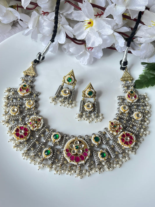Silver Lookalike Dualtone Double Layered Necklace with Kundan Fusion & Earrings